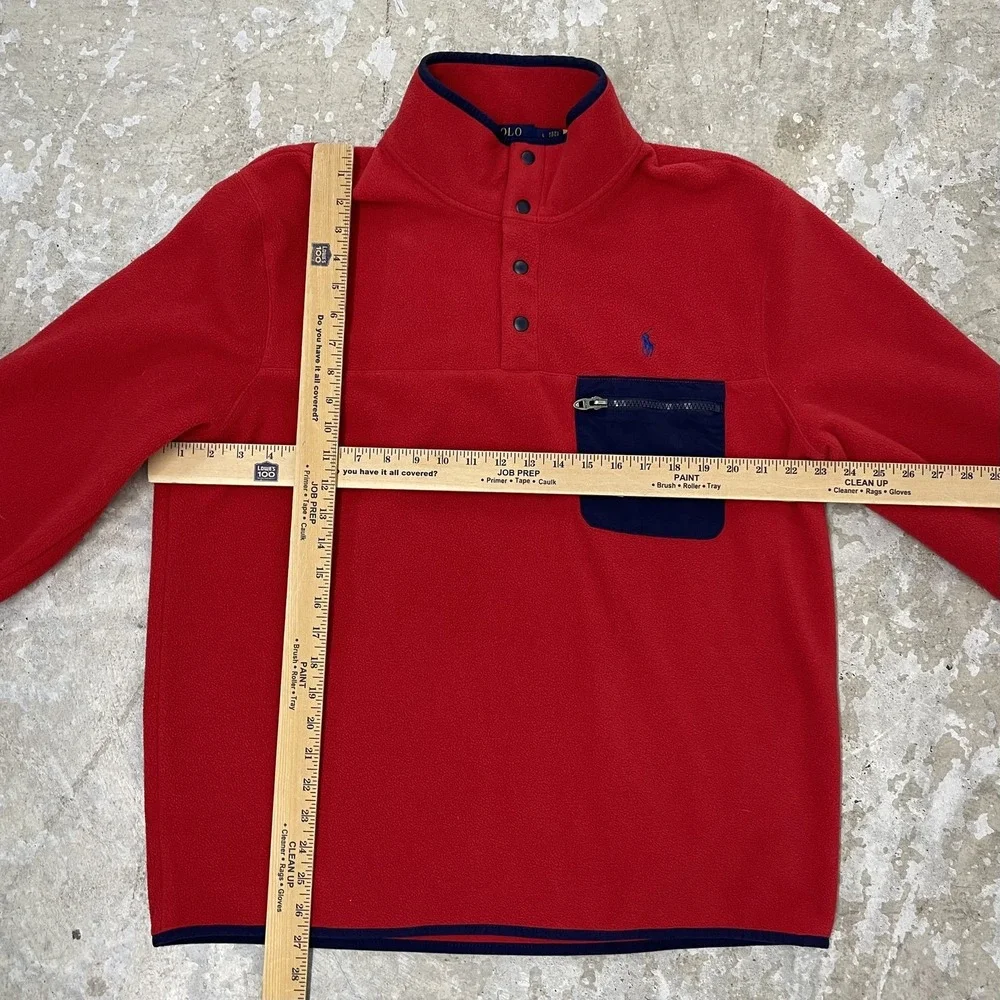 Polo Ralph Lauren Pullover Mens Large Red Fleece‎ Blue Pocket Snap Up Sweater